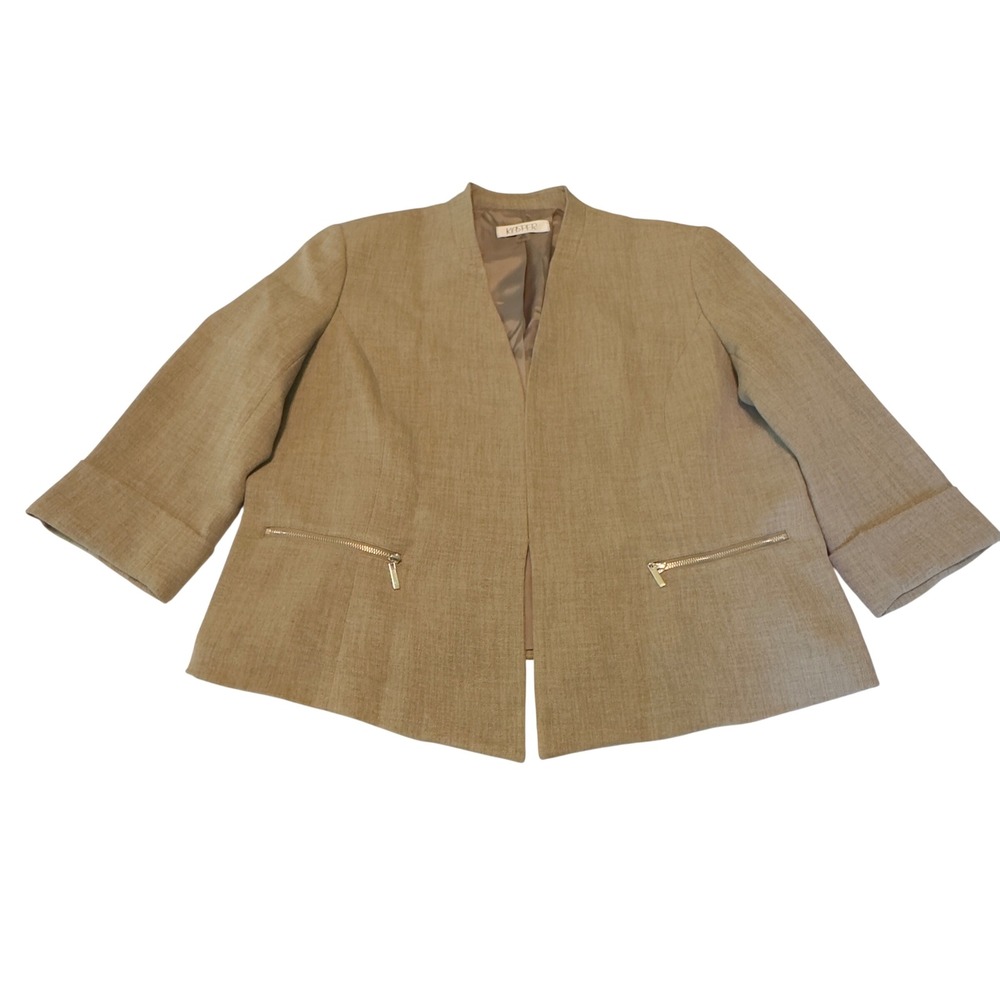 Kasper Blazer Tan Open Front Zipper Pockets Modern 16 Professional Office Career